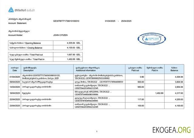 Modèle Word et PDF de relevé de compte bancaire de Géorgie à confirmer